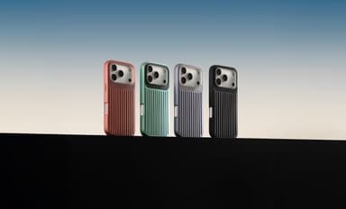 Four CLICK Nova ribbed phone cases standing in a row against a dusk gradient sky
