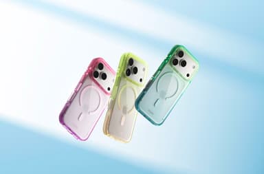 Three CLICK Clear Ombre MagSafe cases floating against a soft blue backdrop — pink-purple, yellow, and green-teal gradients, rings visible