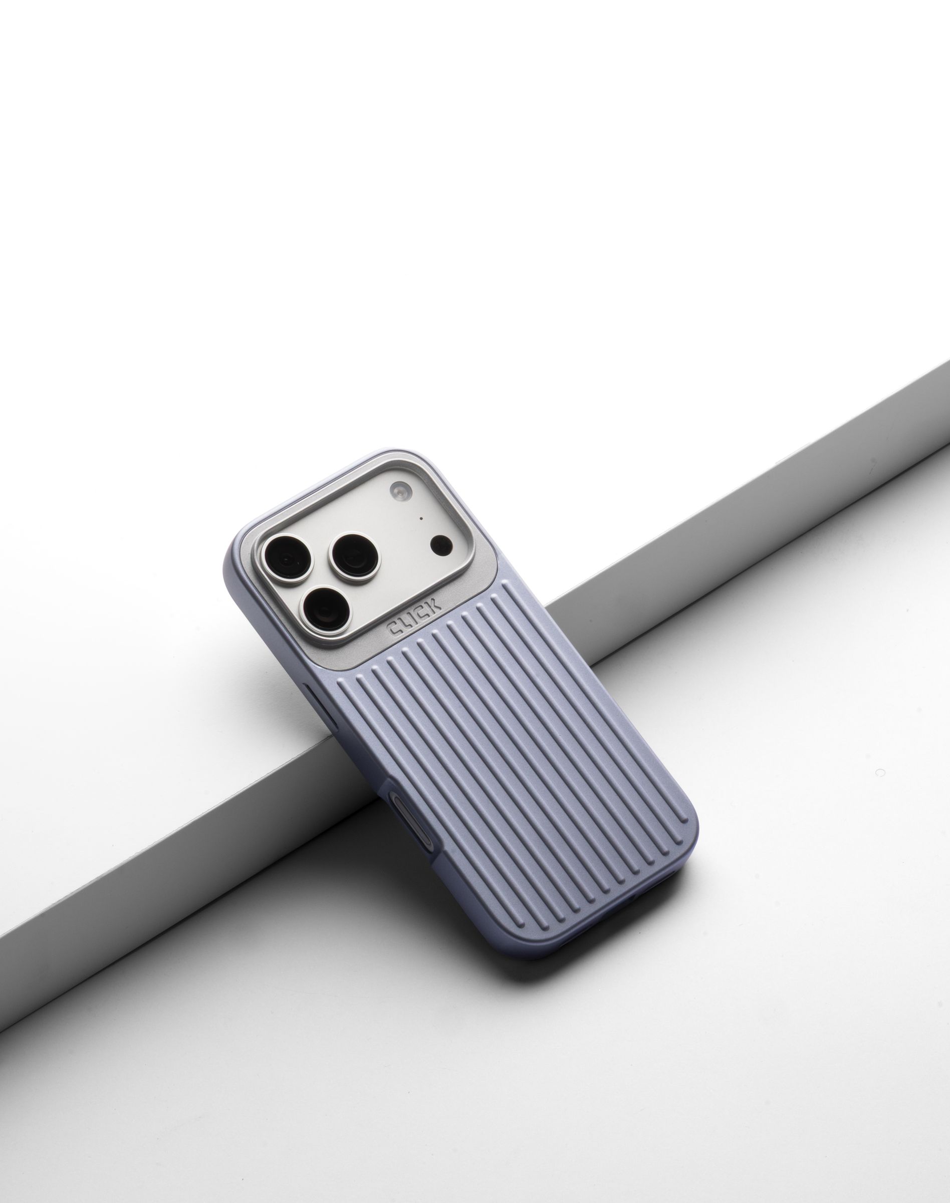 Lavender CLICK Nova case on a phone, close on the raised camera plate and the triple-lens cutout